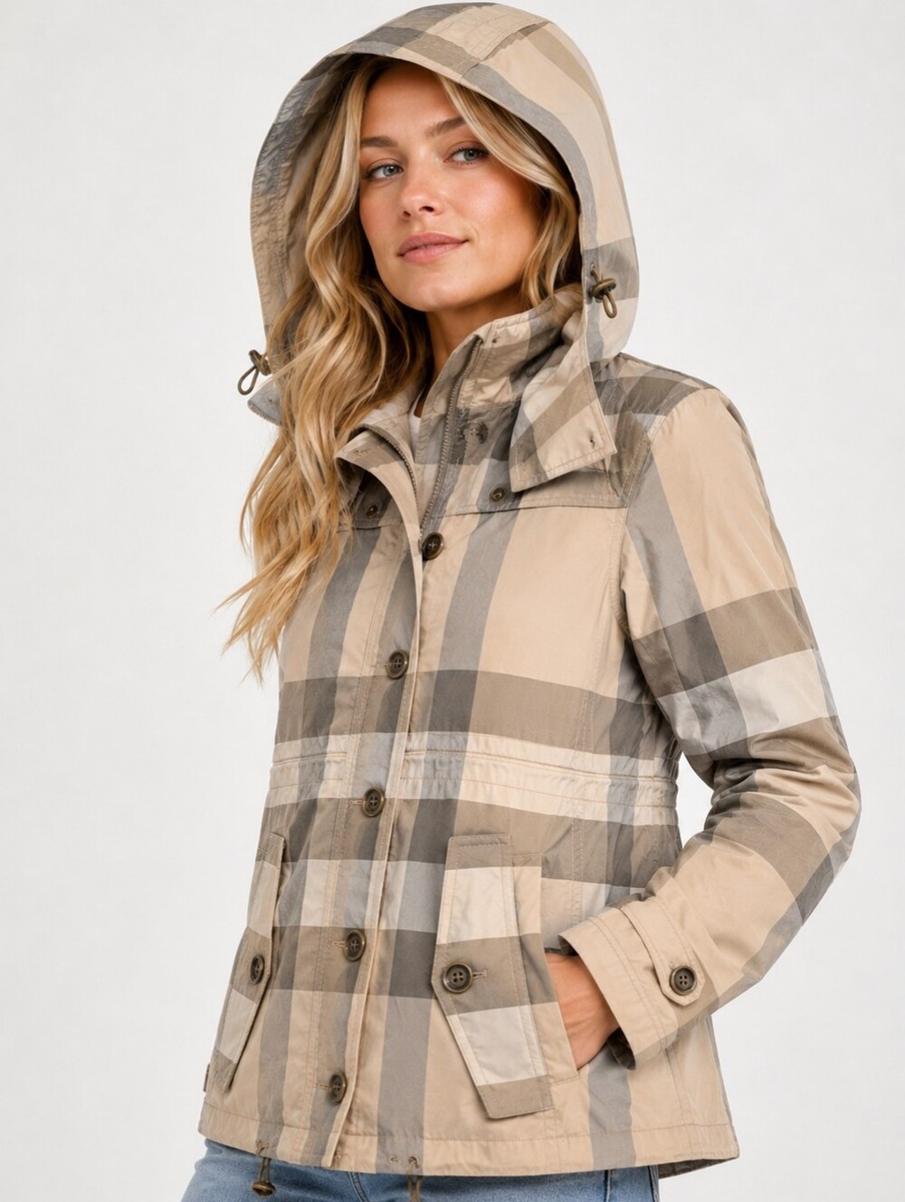 Burberry Brit Check Hooded Rain Jacket Parka Coat Beige Size 6 EUC
